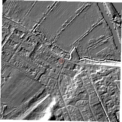 Shaded relief map of the ground around MK420DA, computed from Environment Agency LiDAR. The ground here sits at about 25 m above sea level and falls 6 m across the surrounding 800 m. Surface water reaching this point runs off ground lying to the south-east, 3.5 m higher.