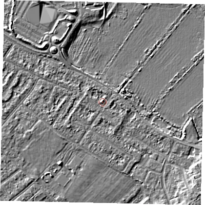 Shaded relief map of the ground around MK420DB, computed from Environment Agency LiDAR. The ground here sits at about 26 m above sea level and falls 4 m across the surrounding 800 m. Surface water reaching this point runs off ground lying to the west, 0.6 m higher.