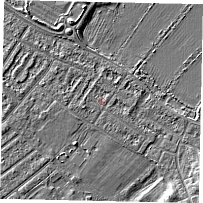 Shaded relief map of the ground around MK420DD, computed from Environment Agency LiDAR. The ground here sits at about 25 m above sea level and falls 4 m across the surrounding 800 m. Surface water reaching this point runs off ground lying to the west-south-west, 1.1 m higher.
