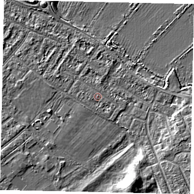 Shaded relief map of the ground around MK420DE, computed from Environment Agency LiDAR. The ground here sits at about 25 m above sea level and falls 6 m across the surrounding 800 m. Surface water reaching this point runs off ground lying to the south-east, 0.7 m higher.