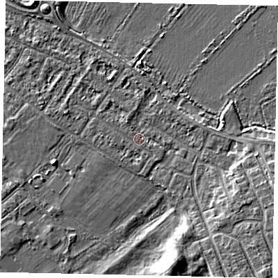 Shaded relief map of the ground around MK420DF, computed from Environment Agency LiDAR. The ground here sits at about 25 m above sea level and falls 6 m across the surrounding 800 m. Surface water reaching this point runs off ground lying to the south-east, 0.8 m higher.
