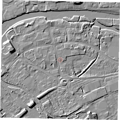 Shaded relief map of the ground around MK420DH, computed from Environment Agency LiDAR. The ground here sits at about 27 m above sea level and falls 9 m across the surrounding 800 m. Surface water reaching this point runs off ground lying to the south-south-west, 7.1 m higher.