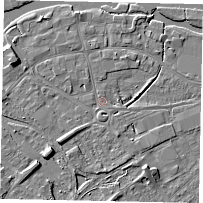 Shaded relief map of the ground around MK420DL, computed from Environment Agency LiDAR. The ground here sits at about 26 m above sea level and falls 9 m across the surrounding 800 m. Surface water reaching this point runs off ground lying to the south-west, 7.3 m higher.