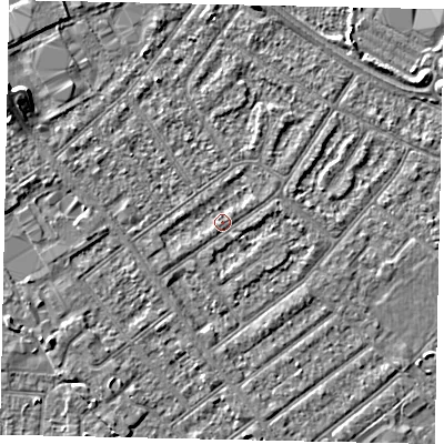 Shaded relief map of the ground around MK420DS, computed from Environment Agency LiDAR. The ground here sits at about 26 m above sea level and falls 6 m across the surrounding 800 m. Surface water reaching this point runs off ground lying to the north-east, 0.8 m higher.