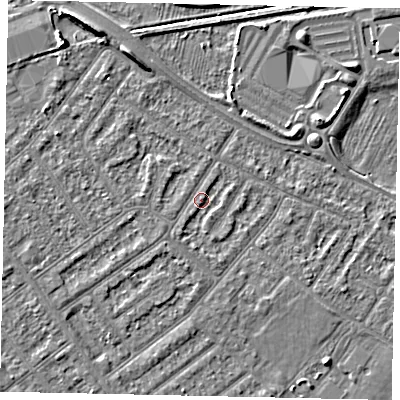 Shaded relief map of the ground around MK420DT, computed from Environment Agency LiDAR. The ground here sits at about 26 m above sea level and falls 8 m across the surrounding 800 m. Surface water reaching this point runs off ground lying to the south, 1.1 m higher.