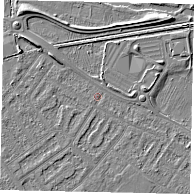 Shaded relief map of the ground around MK420DU, computed from Environment Agency LiDAR. The ground here sits at about 26 m above sea level and falls 8 m across the surrounding 800 m. Surface water reaching this point runs off ground lying to the south-west, 0.8 m higher.