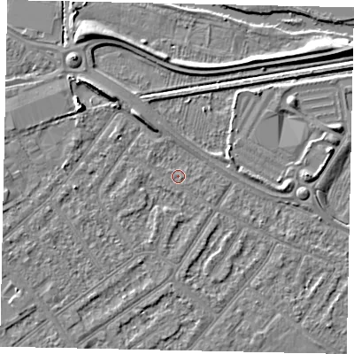Shaded relief map of the ground around MK420DX, computed from Environment Agency LiDAR. The ground here sits at about 26 m above sea level and falls 6 m across the surrounding 800 m. Surface water reaching this point runs off ground lying to the north-west, 5.2 m higher.