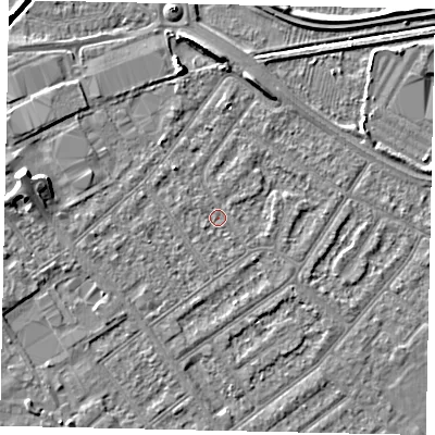Shaded relief map of the ground around MK420DZ, computed from Environment Agency LiDAR. The ground here sits at about 26 m above sea level and falls 6 m across the surrounding 800 m. Surface water reaching this point runs off ground lying to the west, 1.8 m higher.