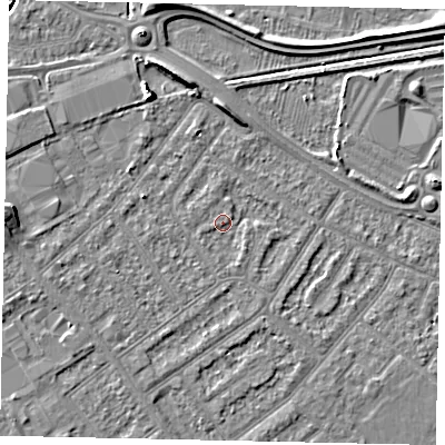 Shaded relief map of the ground around MK420EA, computed from Environment Agency LiDAR. The ground here sits at about 26 m above sea level and falls 6 m across the surrounding 800 m. Surface water reaching this point runs off ground lying to the south-south-east, 1.2 m higher.