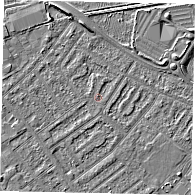 Shaded relief map of the ground around MK420ED, computed from Environment Agency LiDAR. The ground here sits at about 26 m above sea level and falls 6 m across the surrounding 800 m. Surface water reaching this point runs off ground lying to the north-north-east, 0.9 m higher.