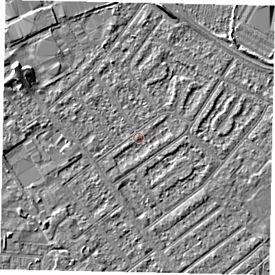 Shaded relief map of the ground around MK420EH, computed from Environment Agency LiDAR. The ground here sits at about 26 m above sea level and falls 6 m across the surrounding 800 m. Surface water reaching this point runs off ground lying to the west, 1.4 m higher.