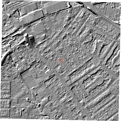 Shaded relief map of the ground around MK420EJ, computed from Environment Agency LiDAR. The ground here sits at about 26 m above sea level and falls 7 m across the surrounding 800 m. Surface water reaching this point runs off ground lying to the west-south-west, 1.0 m higher.