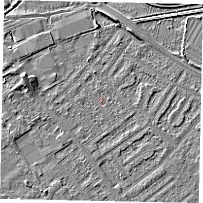 Shaded relief map of the ground around MK420EL, computed from Environment Agency LiDAR. The ground here sits at about 26 m above sea level and falls 6 m across the surrounding 800 m. Surface water reaching this point runs off ground lying to the west, 1.8 m higher.