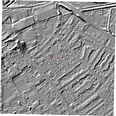 Shaded relief map of the ground around MK420EP, computed from Environment Agency LiDAR. The ground here sits at about 26 m above sea level and falls 6 m across the surrounding 800 m. Surface water reaching this point runs off ground lying to the west-south-west, 1.4 m higher.