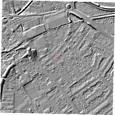 Shaded relief map of the ground around MK420ER, computed from Environment Agency LiDAR. The ground here sits at about 26 m above sea level and falls 8 m across the surrounding 800 m. Surface water reaching this point runs off ground lying to the west, 1.4 m higher.