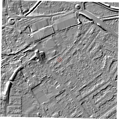 Shaded relief map of the ground around MK420ES, computed from Environment Agency LiDAR. The ground here sits at about 26 m above sea level and falls 8 m across the surrounding 800 m. Surface water reaching this point runs off ground lying to the west-north-west, 4.2 m higher.