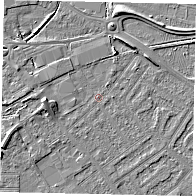 Shaded relief map of the ground around MK420ET, computed from Environment Agency LiDAR. The ground here sits at about 26 m above sea level and falls 8 m across the surrounding 800 m. Surface water reaching this point runs off ground lying to the west, 4.4 m higher.