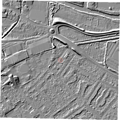 Shaded relief map of the ground around MK420EU, computed from Environment Agency LiDAR. The ground here sits at about 26 m above sea level and falls 6 m across the surrounding 800 m. Surface water reaching this point runs off ground lying to the west-south-west, 5.0 m higher.