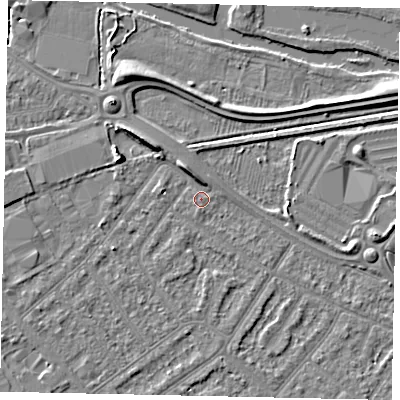 Shaded relief map of the ground around MK420HA, computed from Environment Agency LiDAR. The ground here sits at about 26 m above sea level and falls 6 m across the surrounding 800 m. Surface water reaching this point runs off ground lying to the north-north-west, 3.0 m higher.