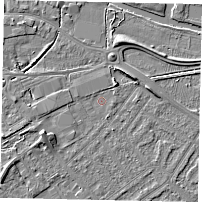 Shaded relief map of the ground around MK420HB, computed from Environment Agency LiDAR. The ground here sits at about 26 m above sea level and falls 8 m across the surrounding 800 m. Surface water reaching this point runs off ground lying to the north-east, 2.2 m higher.