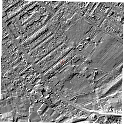 Shaded relief map of the ground around MK420HH, computed from Environment Agency LiDAR. The ground here sits at about 26 m above sea level and falls 4 m across the surrounding 800 m. Surface water reaching this point runs off ground lying to the south-west, 0.8 m higher.