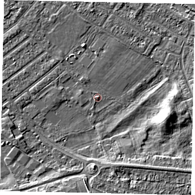 Shaded relief map of the ground around MK420HL, computed from Environment Agency LiDAR. The ground here sits at about 25 m above sea level and falls 5 m across the surrounding 800 m. Surface water reaching this point runs off ground lying to the east-south-east, 5.3 m higher.