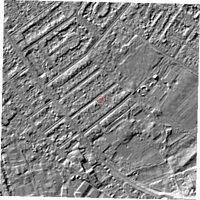 Shaded relief map of the ground around MK420HN, computed from Environment Agency LiDAR. The ground here sits at about 25 m above sea level and falls 4 m across the surrounding 800 m. Surface water reaching this point runs off ground lying to the south-south-west, 0.9 m higher.