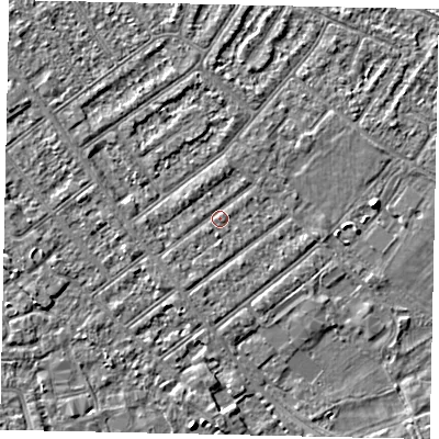 Shaded relief map of the ground around MK420HP, computed from Environment Agency LiDAR. The ground here sits at about 26 m above sea level and falls 3 m across the surrounding 800 m. Surface water reaching this point runs off ground lying to the south-south-west, 1.0 m higher.