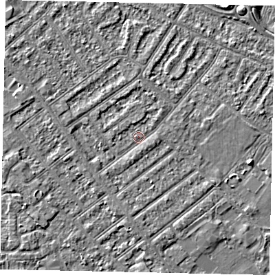 Shaded relief map of the ground around MK420HS, computed from Environment Agency LiDAR. The ground here sits at about 26 m above sea level and falls 3 m across the surrounding 800 m. Surface water reaching this point runs off ground lying to the west, 1.5 m higher.