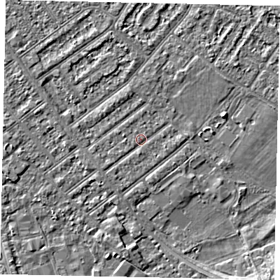 Shaded relief map of the ground around MK420HW, computed from Environment Agency LiDAR. The ground here sits at about 26 m above sea level and falls 3 m across the surrounding 800 m. Surface water reaching this point runs off ground lying to the south-west, 1.0 m higher.