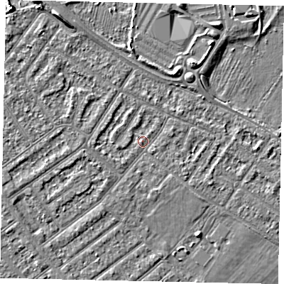 Shaded relief map of the ground around MK420HX, computed from Environment Agency LiDAR. The ground here sits at about 26 m above sea level and falls 8 m across the surrounding 800 m. Surface water reaching this point runs off ground lying to the west-south-west, 1.5 m higher.