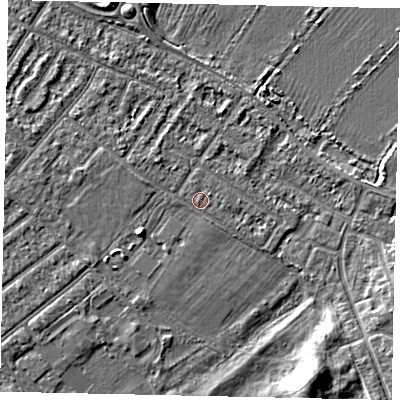 Shaded relief map of the ground around MK420JD, computed from Environment Agency LiDAR. The ground here sits at about 25 m above sea level and falls 6 m across the surrounding 800 m. Surface water reaching this point runs off ground lying to the east-north-east, 0.5 m higher.
