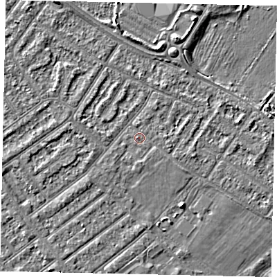 Shaded relief map of the ground around MK420JF, computed from Environment Agency LiDAR. The ground here sits at about 26 m above sea level and falls 3 m across the surrounding 800 m. Surface water reaching this point runs off ground lying to the east-south-east, 0.7 m higher.
