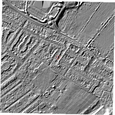 Shaded relief map of the ground around MK420JH, computed from Environment Agency LiDAR. The ground here sits at about 26 m above sea level and falls 3 m across the surrounding 800 m. Surface water reaching this point runs off ground lying to the west-south-west, 0.6 m higher.