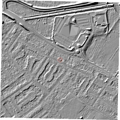 Shaded relief map of the ground around MK420JJ, computed from Environment Agency LiDAR. The ground here sits at about 26 m above sea level and falls 8 m across the surrounding 800 m. Surface water reaching this point runs off ground lying to the west-north-west, 4.7 m higher.