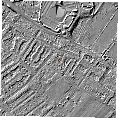 Shaded relief map of the ground around MK420JP, computed from Environment Agency LiDAR. The ground here sits at about 25 m above sea level and falls 6 m across the surrounding 800 m. Surface water reaching this point runs off ground lying to the north-west, 0.7 m higher.