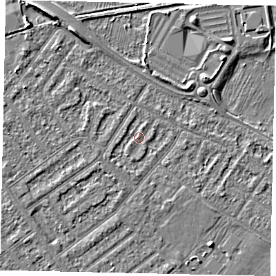Shaded relief map of the ground around MK420JR, computed from Environment Agency LiDAR. The ground here sits at about 26 m above sea level and falls 8 m across the surrounding 800 m. Surface water reaching this point runs off ground lying to the south-south-west, 1.1 m higher.