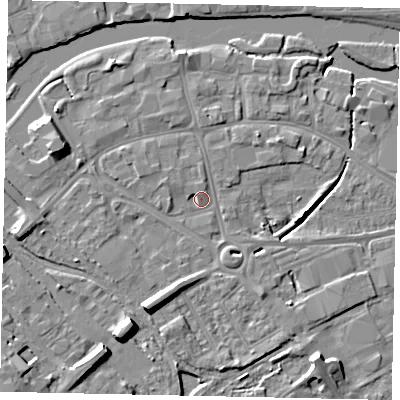 Shaded relief map of the ground around MK420JY, computed from Environment Agency LiDAR. The ground here sits at about 26 m above sea level and falls 9 m across the surrounding 800 m. Surface water reaching this point runs off ground lying to the south-south-west, 7.1 m higher.