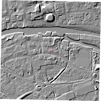 Shaded relief map of the ground around MK420JZ, computed from Environment Agency LiDAR. The ground here sits at about 26 m above sea level and falls 9 m across the surrounding 800 m. Surface water reaching this point runs off ground lying to the west-north-west, 2.1 m higher.