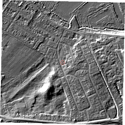 Shaded relief map of the ground around MK420LS, computed from Environment Agency LiDAR. The ground here sits at about 26 m above sea level and falls 7 m across the surrounding 800 m. Surface water reaching this point runs off ground lying to the south-south-east, 4.2 m higher.