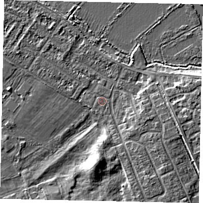 Shaded relief map of the ground around MK420LU, computed from Environment Agency LiDAR. The ground here sits at about 25 m above sea level and falls 6 m across the surrounding 800 m. Surface water reaching this point runs off ground lying to the south, 4.3 m higher.