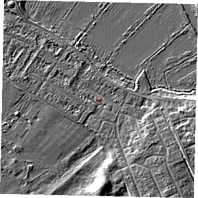 Shaded relief map of the ground around MK420LX, computed from Environment Agency LiDAR. The ground here sits at about 25 m above sea level and falls 6 m across the surrounding 800 m. Surface water reaching this point runs off ground lying to the west, 0.6 m higher.