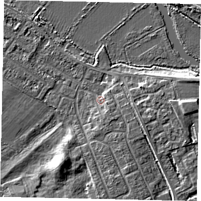 Shaded relief map of the ground around MK420LY, computed from Environment Agency LiDAR. The ground here sits at about 26 m above sea level and falls 7 m across the surrounding 800 m. Surface water reaching this point runs off ground lying to the south-east, 2.4 m higher.