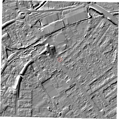 Shaded relief map of the ground around MK420NS, computed from Environment Agency LiDAR. The ground here sits at about 26 m above sea level and falls 8 m across the surrounding 800 m. Surface water reaching this point runs off ground lying to the north-west, 4.0 m higher.