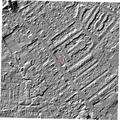 Shaded relief map of the ground around MK420PR, computed from Environment Agency LiDAR. The ground here sits at about 25 m above sea level and falls 5 m across the surrounding 800 m. Surface water reaching this point runs off ground lying to the west-north-west, 1.2 m higher.