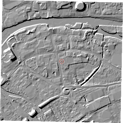 Shaded relief map of the ground around MK420RL, computed from Environment Agency LiDAR. The ground here sits at about 27 m above sea level and falls 9 m across the surrounding 800 m. Surface water reaching this point runs off ground lying to the west-south-west, 0.6 m higher.