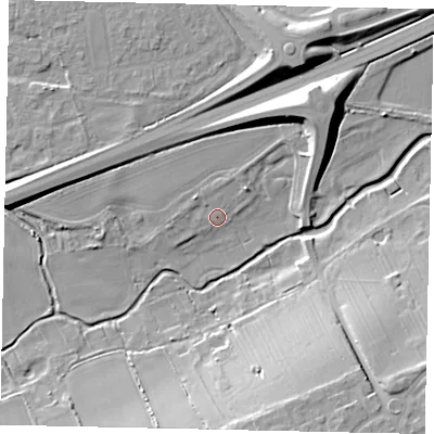 Shaded relief map of the ground around MK420TA, computed from Environment Agency LiDAR. The ground here sits at about 26 m above sea level and falls 18 m across the surrounding 800 m. Surface water reaching this point runs off ground lying to the north-west, 2.2 m higher.