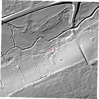Shaded relief map of the ground around MK420TB, computed from Environment Agency LiDAR. The ground here sits at about 26 m above sea level and falls 18 m across the surrounding 800 m. Surface water reaching this point runs off ground lying to the south-east, 16.2 m higher.