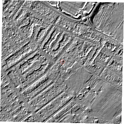 Shaded relief map of the ground around MK420WA, computed from Environment Agency LiDAR. The ground here sits at about 25 m above sea level and falls 3 m across the surrounding 800 m. Surface water reaching this point runs off ground lying to the south-east, 0.7 m higher.