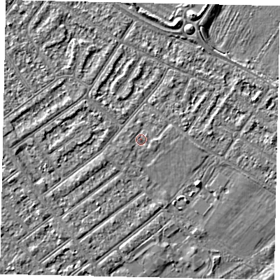 Shaded relief map of the ground around MK420WB, computed from Environment Agency LiDAR. The ground here sits at about 25 m above sea level and falls 3 m across the surrounding 800 m. Surface water reaching this point runs off ground lying to the east, 0.9 m higher.